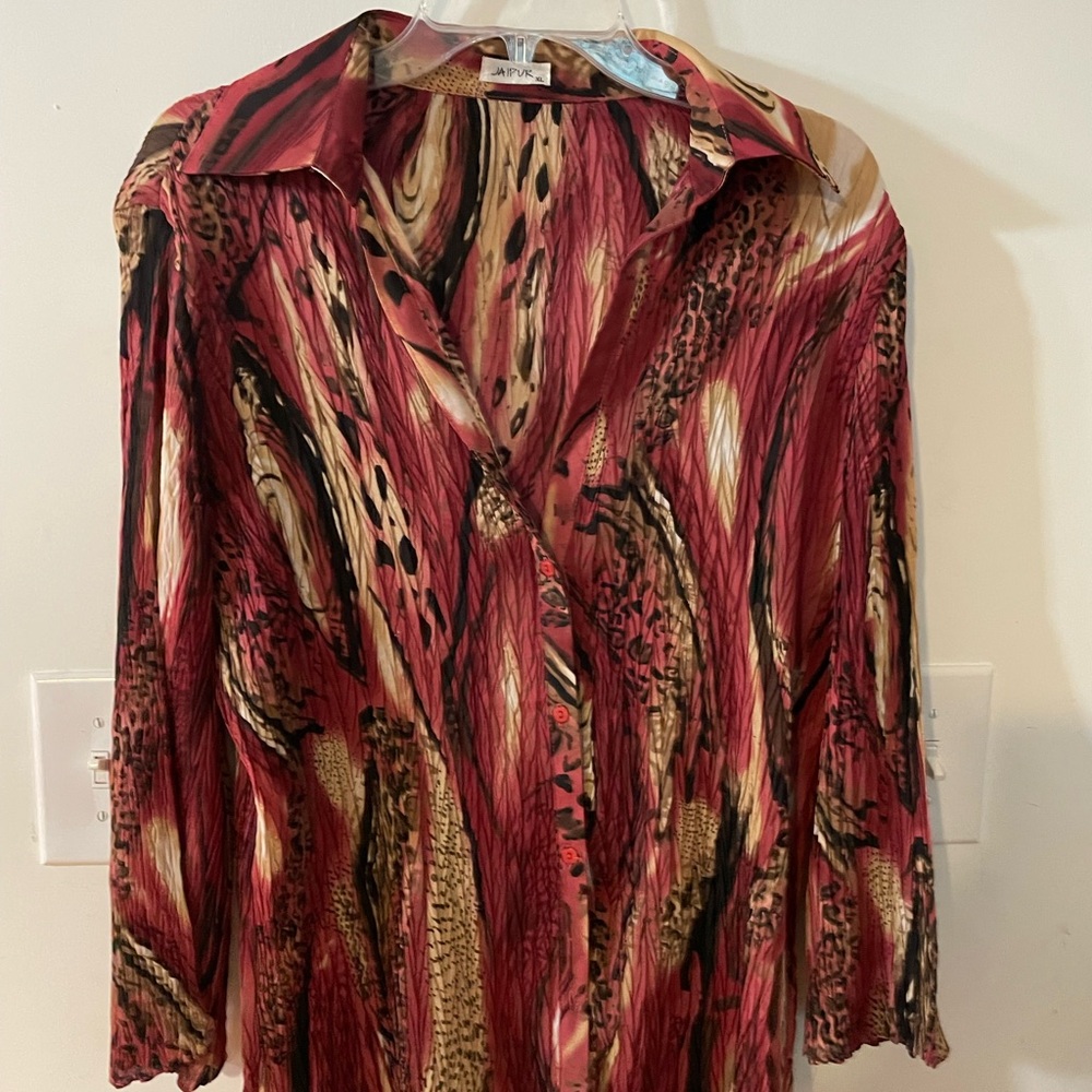 Red Patterned Long Sleeve Button-Up Top Size XL